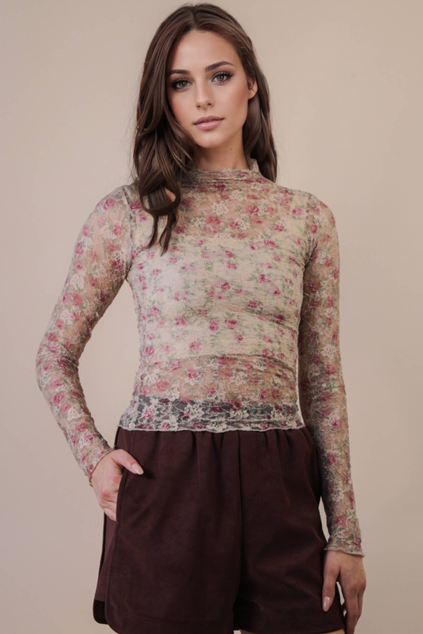 High Neck Fitted Sheer Mesh Lace Knit Top: BLACK BOW - The Mustard Seed Collection, The Seed