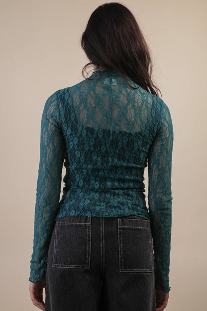 High Neck Fitted Sheer Mesh Lace Knit Top: BLACK BOW - The Mustard Seed Collection, The Seed