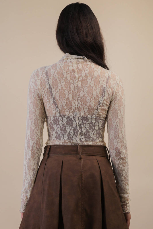 High Neck Fitted Sheer Mesh Lace Knit Top: CHAMPAGNE