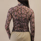 High Neck Fitted Sheer Mesh Lace Knit Top: CHOCOLATE FLORAL - The Mustard Seed Collection, The Seed