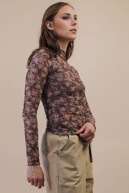 High Neck Fitted Sheer Mesh Lace Knit Top: CHOCOLATE FLORAL - The Mustard Seed Collection, The Seed