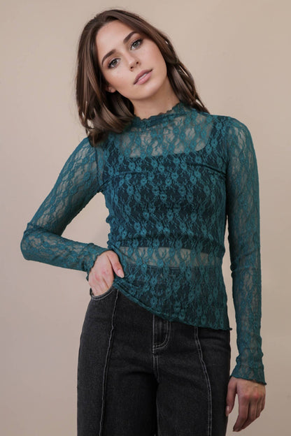 High Neck Fitted Sheer Mesh Lace Knit Top: FOREST - The Mustard Seed Collection, The Seed