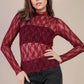 High Neck Fitted Sheer Mesh Lace Knit Top: WINE - The Mustard Seed Collection, The Seed