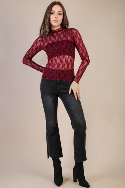 High Neck Fitted Sheer Mesh Lace Knit Top: WINE - The Mustard Seed Collection, The Seed