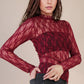 High Neck Fitted Sheer Mesh Lace Knit Top: WINE - The Mustard Seed Collection, The Seed
