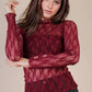 High Neck Fitted Sheer Mesh Lace Knit Top: WINE - The Mustard Seed Collection, The Seed