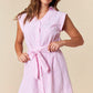 Striped Dolman Short Sleeve Button Up Detailed & Belted Mini Shirt Dress Fantastic Fawn