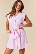 Striped Dolman Short Sleeve Button Up Detailed & Belted Mini Shirt Dress Fantastic Fawn