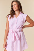 Striped Dolman Short Sleeve Button Up Detailed & Belted Mini Shirt Dress Fantastic Fawn