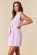 Striped Dolman Short Sleeve Button Up Detailed & Belted Mini Shirt Dress Fantastic Fawn