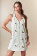 Embroidered Corduroy Solid Zipper Front Mini a Line Dress Fantastic Fawn