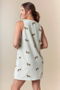 Embroidered Corduroy Solid Zipper Front Mini a Line Dress Fantastic Fawn