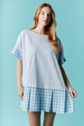 Short Sleeve Oversized Tunic Dress Featuring Plaid Skirt and Lace Trim Fantastic Fawn