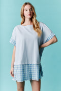 Short Sleeve Oversized Tunic Dress Featuring Plaid Skirt and Lace Trim Fantastic Fawn