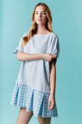 Short Sleeve Oversized Tunic Dress Featuring Plaid Skirt and Lace Trim Fantastic Fawn