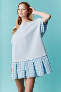 Short Sleeve Oversized Tunic Dress Featuring Plaid Skirt and Lace Trim Fantastic Fawn