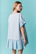 Short Sleeve Oversized Tunic Dress Featuring Plaid Skirt and Lace Trim Fantastic Fawn
