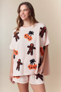 Halloween Towel Patch Detailed Short Sleeve Knit Top Fantastic Fawn