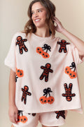 Halloween Towel Patch Detailed Short Sleeve Knit Top Fantastic Fawn