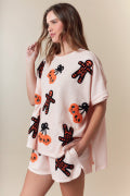 Halloween Towel Patch Detailed Short Sleeve Knit Top Fantastic Fawn