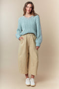 Washed Twill Elastic Waist Wide Pants Fantastic Fawn