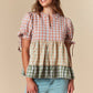 Fall Plaid Color Block Woven Tiered Blouse Detailed with Sleeve Tie Fantastic Fawn
