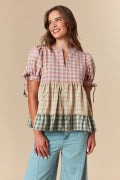Fall Plaid Color Block Woven Tiered Blouse Detailed with Sleeve Tie Fantastic Fawn