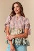 Fall Plaid Color Block Woven Tiered Blouse Detailed with Sleeve Tie Fantastic Fawn