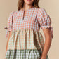 Fall Plaid Color Block Woven Tiered Blouse Detailed with Sleeve Tie Fantastic Fawn