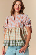 Fall Plaid Color Block Woven Tiered Blouse Detailed with Sleeve Tie Fantastic Fawn