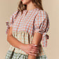 Fall Plaid Color Block Woven Tiered Blouse Detailed with Sleeve Tie Fantastic Fawn