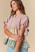 Fall Plaid Color Block Woven Tiered Blouse Detailed with Sleeve Tie Fantastic Fawn