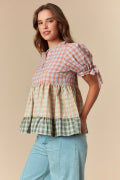 Fall Plaid Color Block Woven Tiered Blouse Detailed with Sleeve Tie Fantastic Fawn