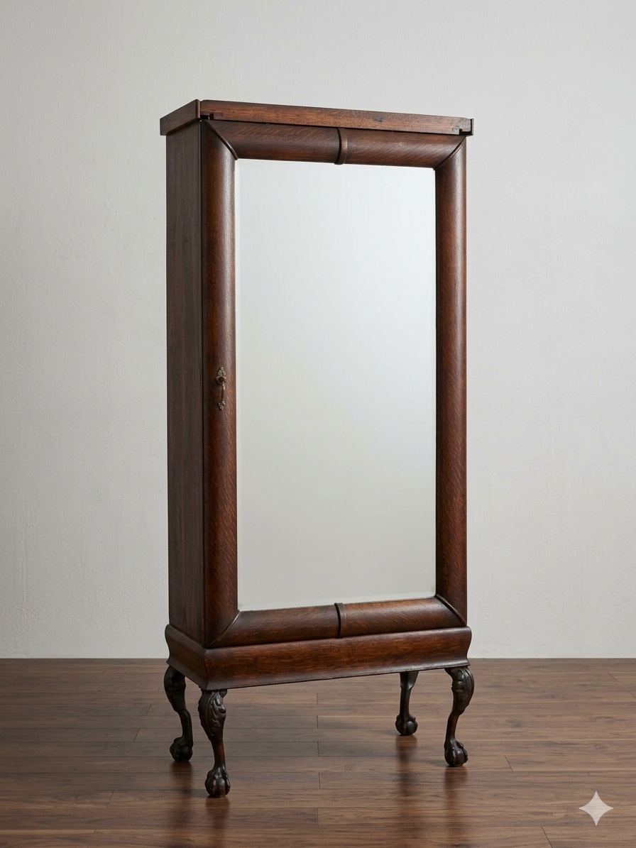 A tall, dark brown wooden cabinet with an integrated rectangular mirror, featuring ornate cabriole-style legs and a small brass handle, set against a neutral studio background.
