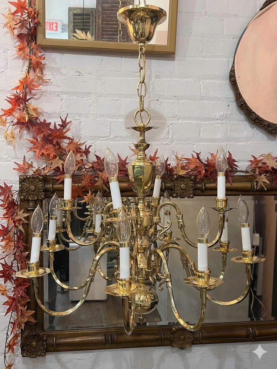 Vintage 12-Light Polished Brass Two-Tier Chandelier – 25" x 25" with 28" Chain The Mustard Seed Collection, The Seed