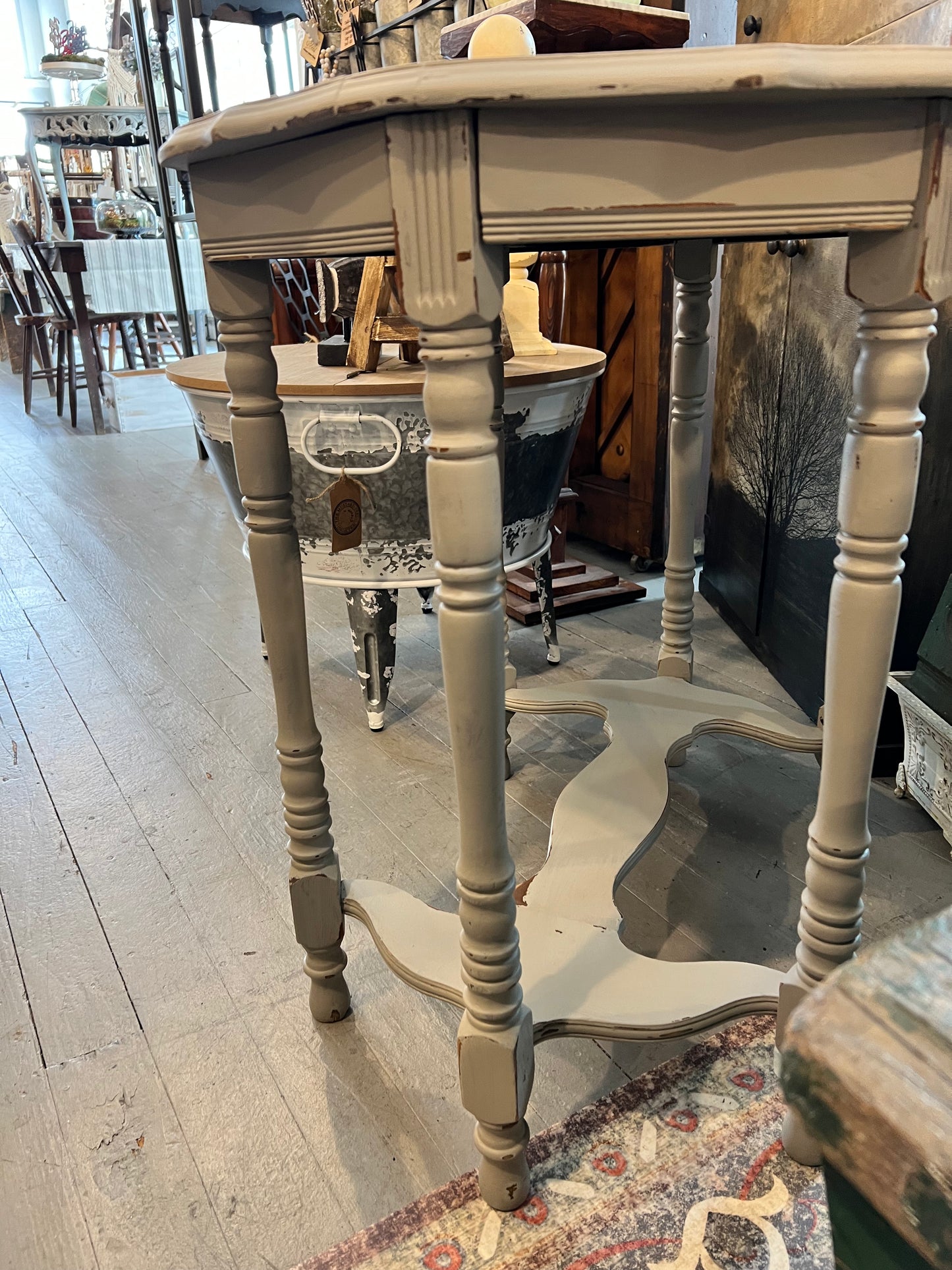 Painted Antique Spindle leg occasional table in French linen