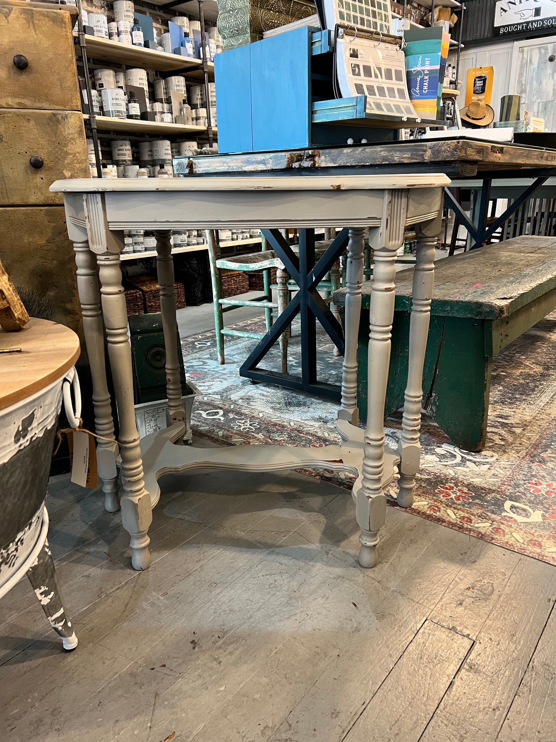 Painted Antique Spindle leg occasional table in French linen