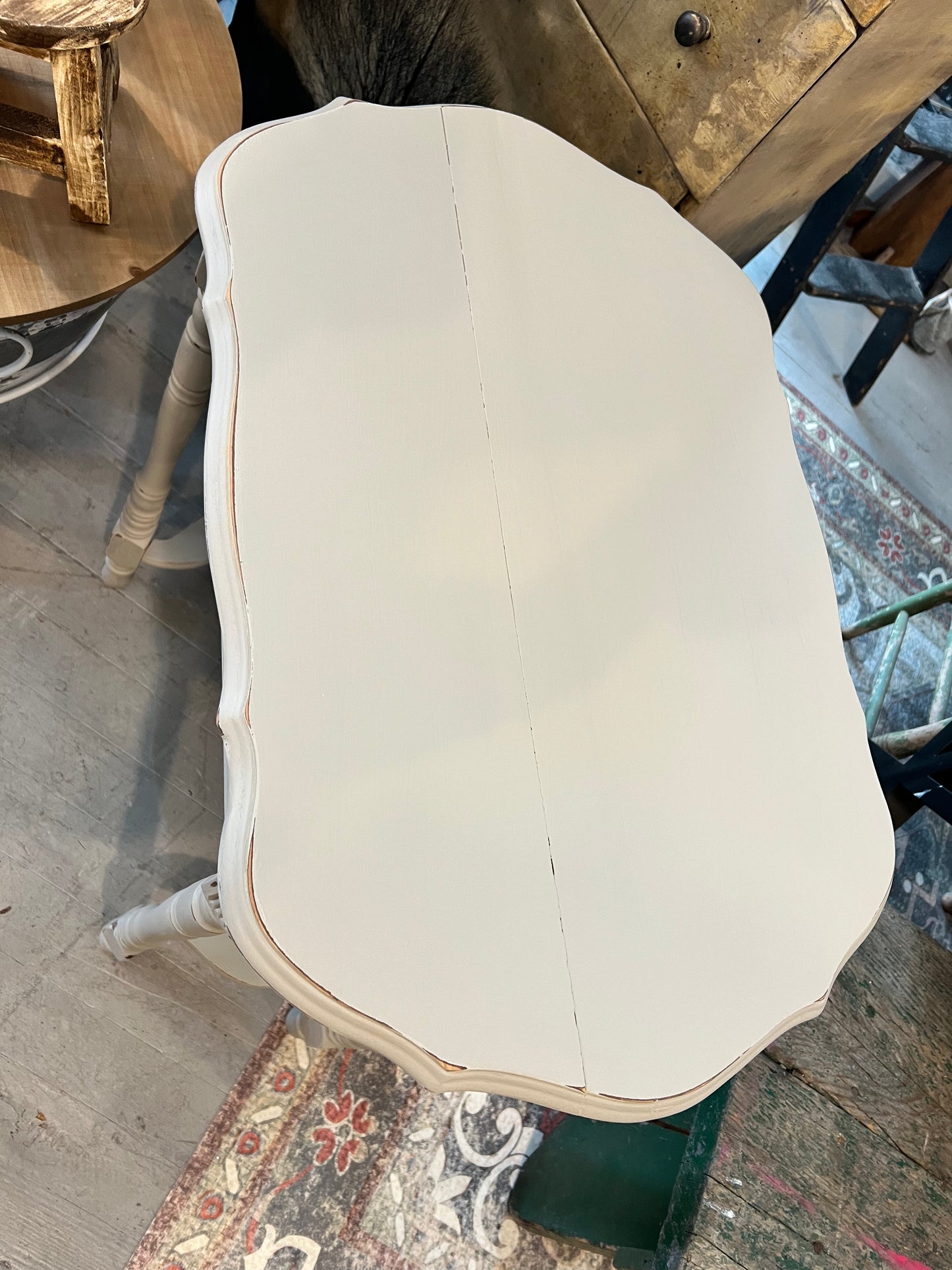 Painted Antique Spindle leg occasional table in French linen