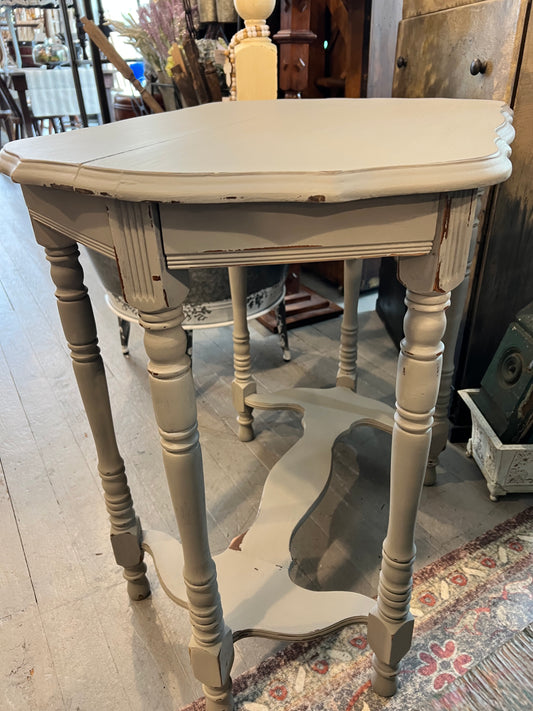 Painted Antique Spindle leg occasional table in French linen