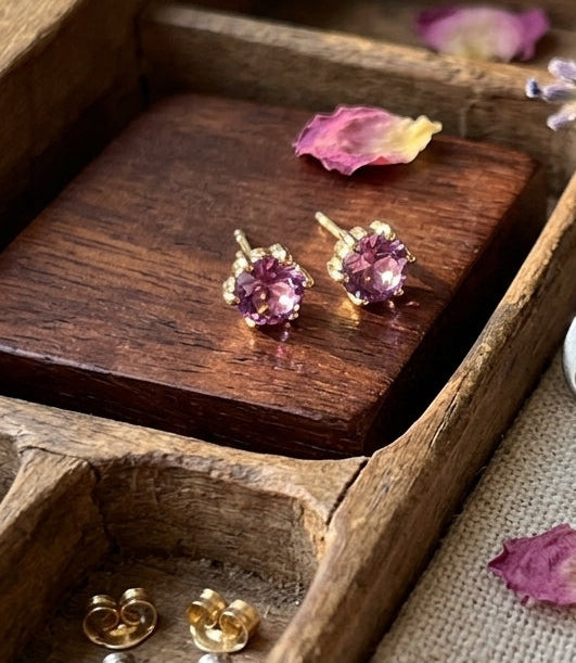 Miniature Pink Tourmaline Crystal Stud Earrings – Gold Tone Dainty Gemstone Post Earrings