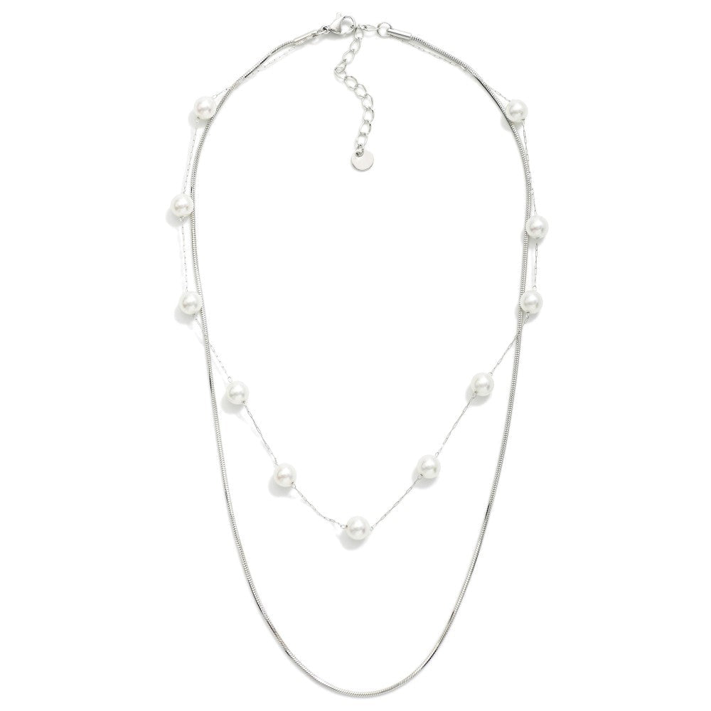 Layered Chain Link Necklace Featuring Pearl Stations Silver