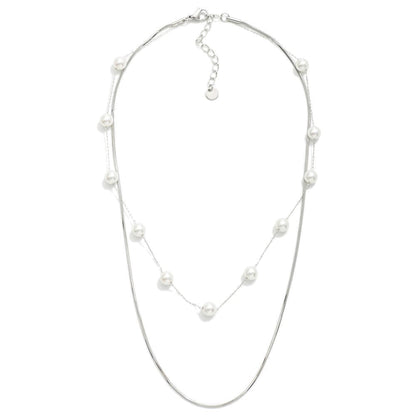Layered Chain Link Necklace Featuring Pearl Stations Silver