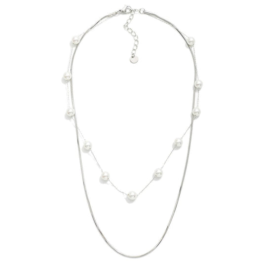 Layered Chain Link Necklace Featuring Pearl Stations Silver