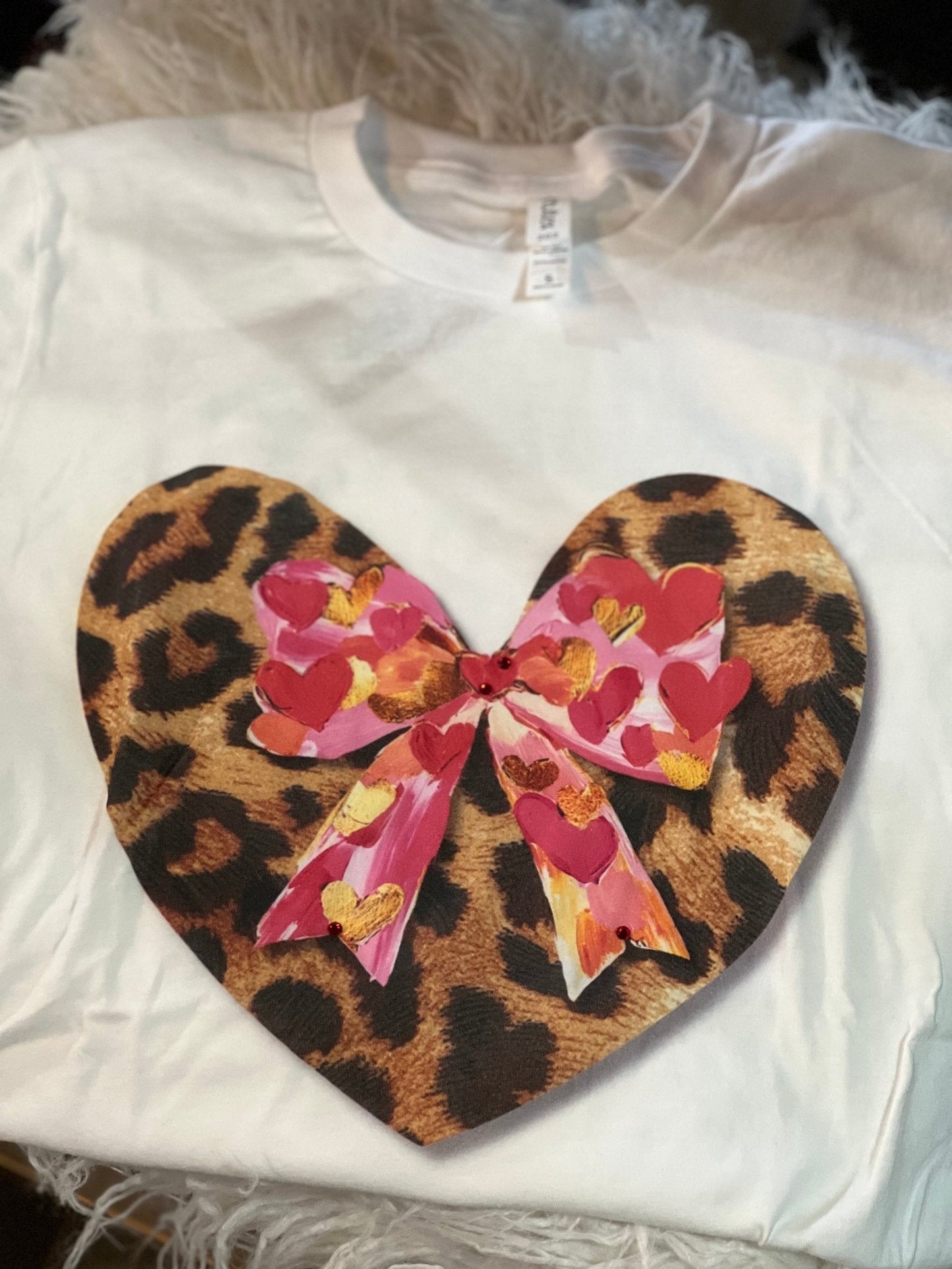 Leopard Heart with Bow on Crew Tshirt - The Mustard Seed Collection, The Seed