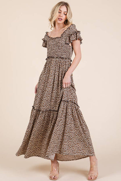 Leopard Ruffle Sleeve Tiered Maxi Dress - The Mustard Seed Collection, The Seed