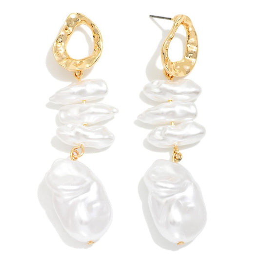 Linked Baroque Pearls & Metal Tone Hollow Geometric Shape Post Drop Earrings - The Mustard Seed Collection, The Seed