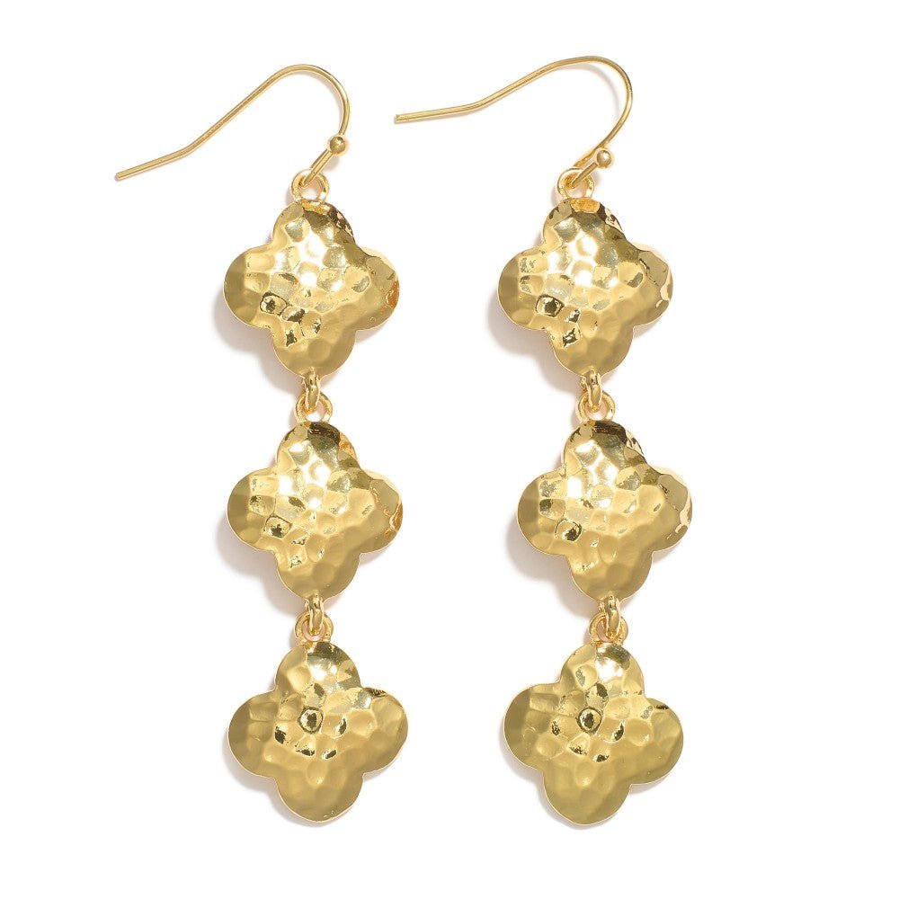 Linked Hammered Metal Clover Drop Earrings 