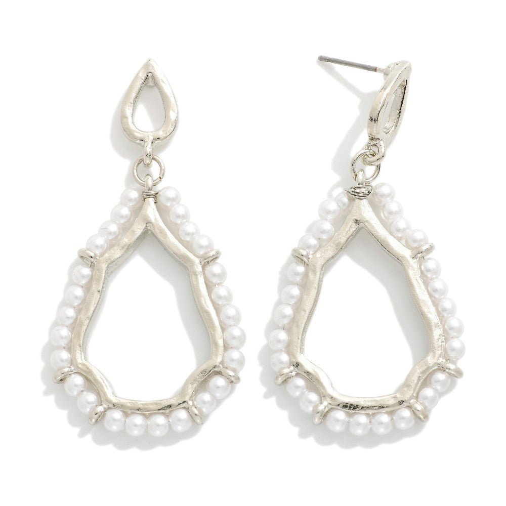 Linked Hammered Metal Tear Drop Earrings Featuring Pearl Details - The Mustard Seed Collection, The Seed