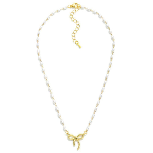 Linked Pearl Beads Necklace With Bow Pendant - The Mustard Seed Collection, The Seed