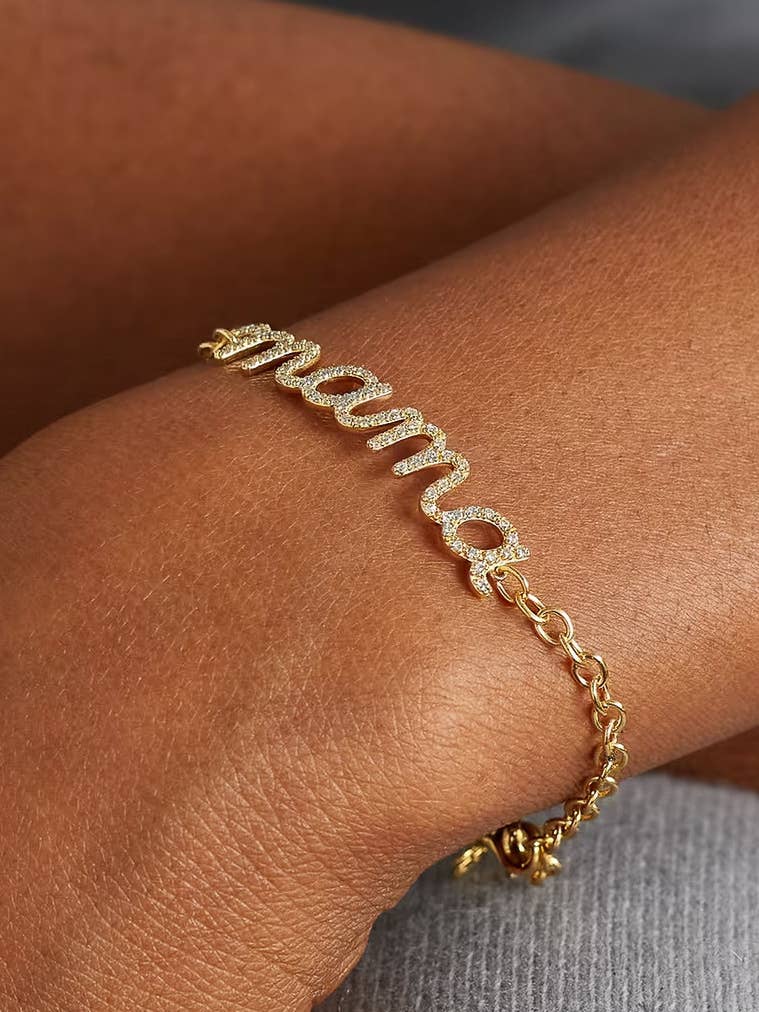 Lolana 18K Gold Non-Tarnish CZ Mama Script Bracelet: Yellow Gold - The Mustard Seed Collection, The Seed